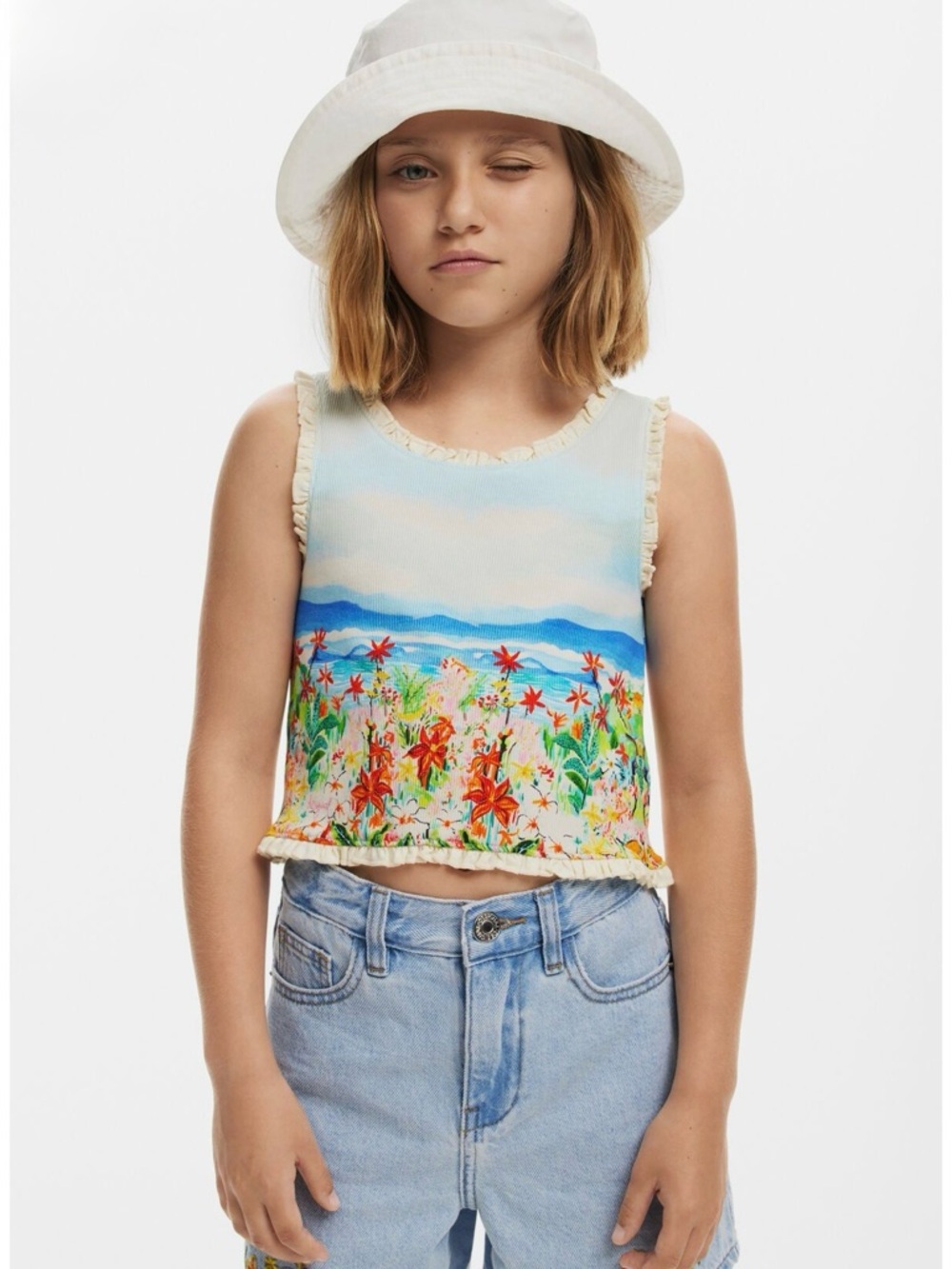 DESIGUAL Cotton Girls Floral Beach Print Crop Tank Top 5/6 Vacation Summer